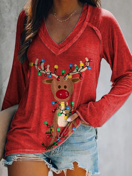 

Christmas Printed V Neck Casual Shirts & Tops, Red, T-Shirts