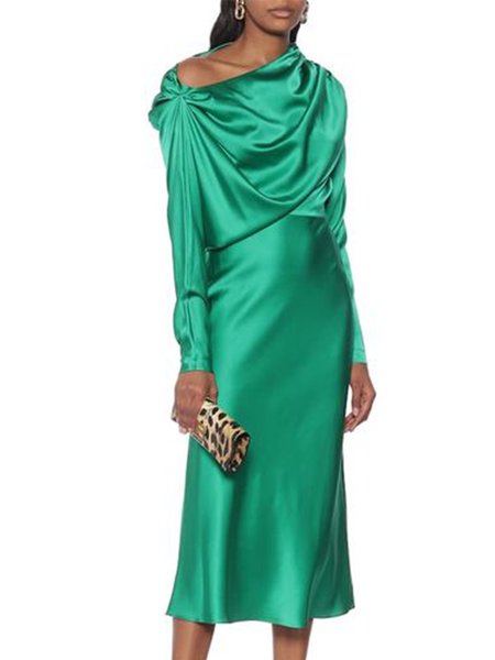 

Plain Asymmetrical Neck Regular Fit Dress, Green, Midi Dresses