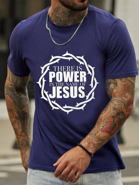

Jesus Power Print Crew Neck T-shirt, Blue, T-shirts