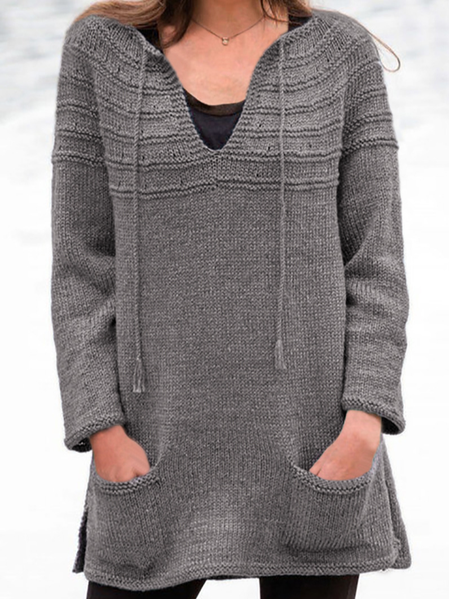 

V neck Plain Cotton Blends Casual Sweater, Gray, Knitwear & Sweaters