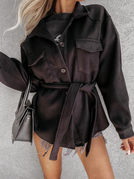 

Basics Simple Lapel Plain Fashion Outerwear, Black, Coats & Jackets