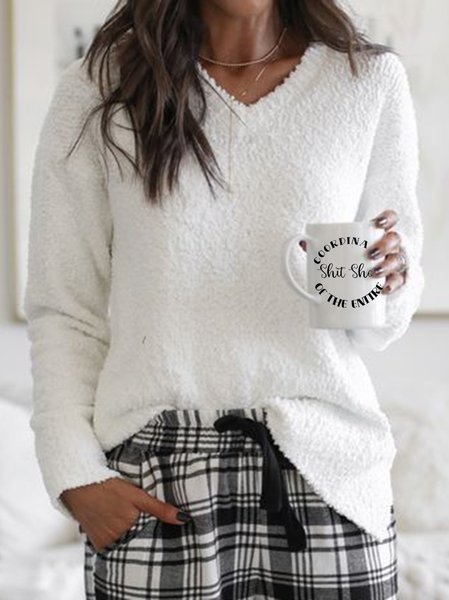 

V Neck Loosen Casual Sweater, White, Sweaters & Cardigans
