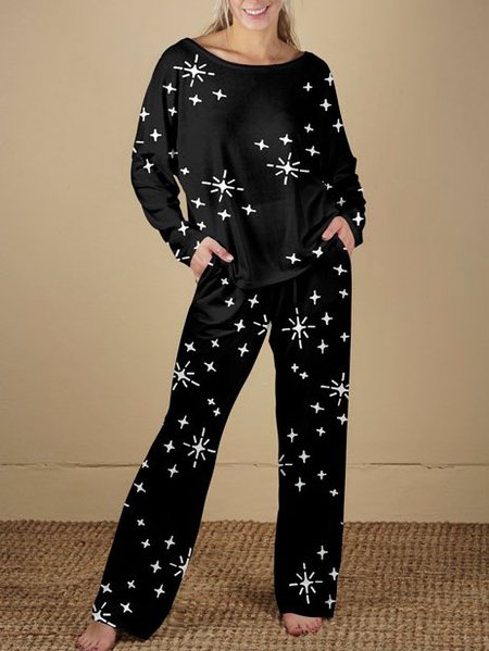 Casual Geometric Printed Crew Neck Off Shoulder Household Suits, Black, Suit Set
