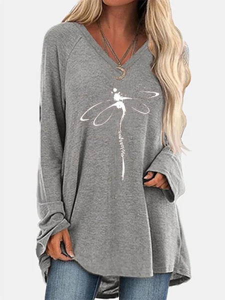 

Dragonfly V Neck Long Sleeve Casual Shirts & Tops, Gray, T-Shirts