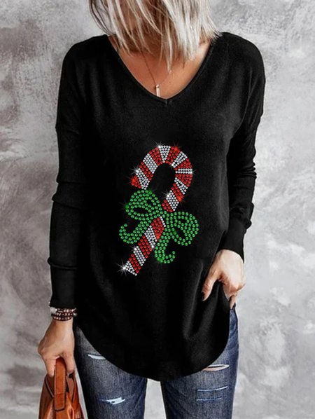 

Casual Christmas Snowman Cotton Blends Shirts & Tops, Black, T-Shirts