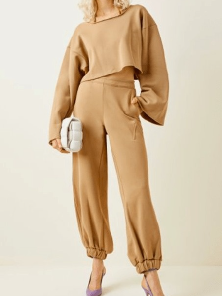 

Winter High Stretch Crew Neck Top With Pants Daily Suits, Khaki, Two-piece Set