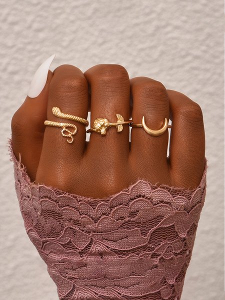 3-Piece Rose Serpentine Crescent Ring Set, As picture, Rings