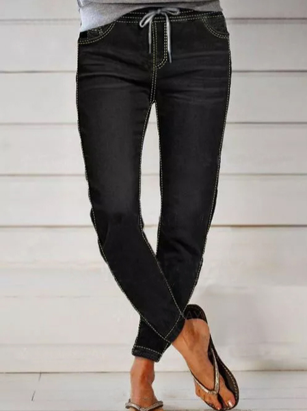 

Straight Pockets Low Waist Polyester Jeans, Black, Pants
