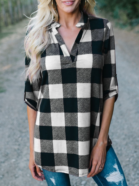 

Checked/Plaid V Neck Loosen Shirts & Tops, White, Tops
