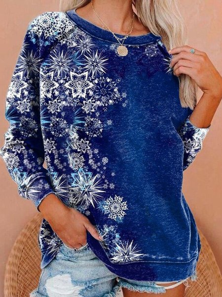 

Snowflake Printed Round Neck Loosen Casual Sweatshirt, Blue, Hoodies & Sweatshirts