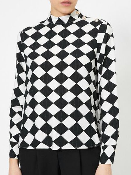 

Stand Collar Regular Fit Checked/Plaid Top, Black-white, Blouses and Shirts