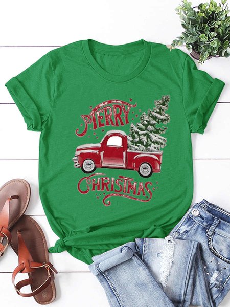 

Christmas print round neck short-sleeved cotton T-shirt, Green, T-shirts