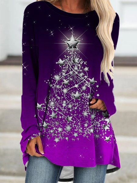 

Christmas Tree Print Crew Neck Knitting Dress, Purple, Dresses
