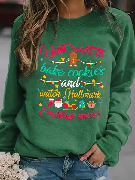 

Christmas print round neck long-sleeved sweatshirt, Green, Hoodies&Sweatshirts