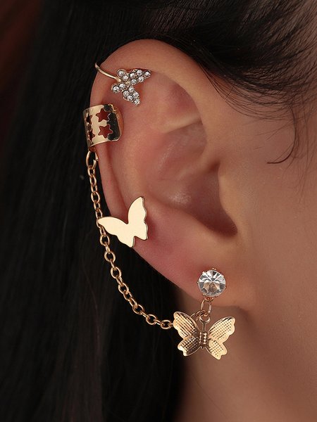

3-Piece Set Of Butterfly And Star Chain Earrings, Golden, Earrings