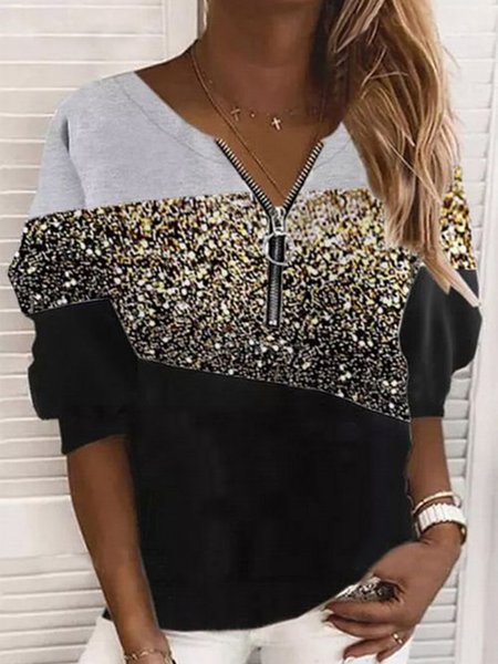 

Color Block V-Neckline Zipper Sweatshirts, Black, Hoodies & Sweatshirts