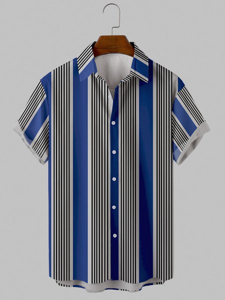

Mens Striped Print Round Hem Loose Short Sleeve Shirts, Blue, Men's Floral shirt