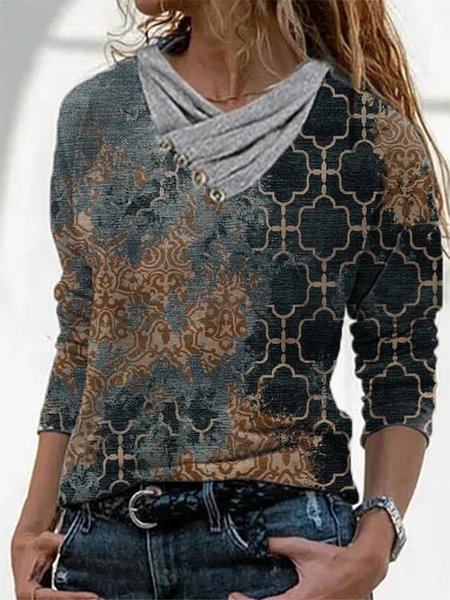 

Long Sleeve Cowl Neck Printed Casual Shirts & Tops, Multicolor, T-Shirts