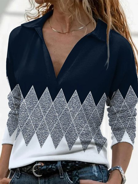 

Geometrico Stampare Rilassato Lculo Manica lunga Camicie & Camicette, Blu scuro, Tops