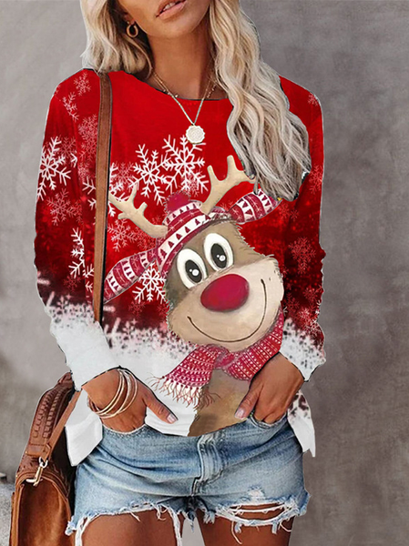 

Loosen Christmas Snowman Cotton Blends T-shirt, Red, T-Shirts