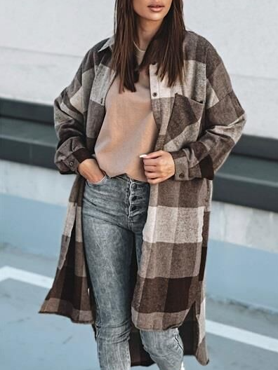 

Loosen Shirt Collar Checked/Plaid Outerwear, Camel, Outerwear