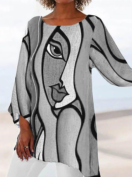 

Girocollo astratto faccia Stampare Manica lunga hippie Camicie & Camicette, Grigio, Blouses & Shirts