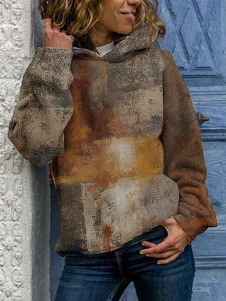 

Casual Art Printed Hooded Loosen Sweatshirt, Brown, Hoodies & Sweatshirts