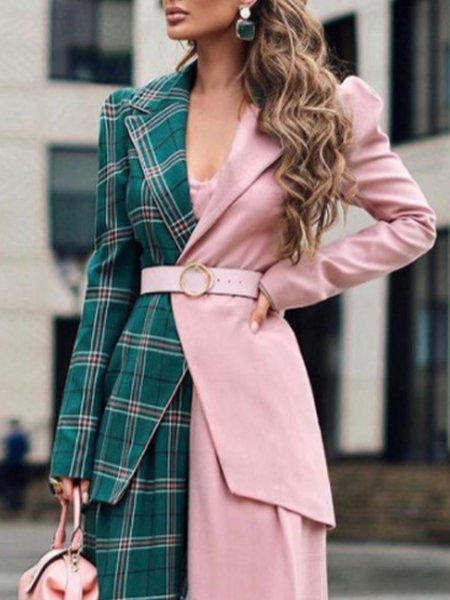 

Work Checked/Plaid Color Block Outerwear, As picture, Blazers