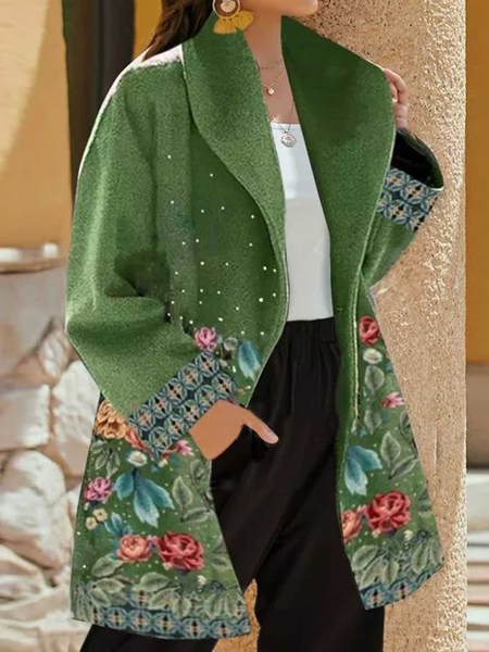 

Floreale Risvolto Allentare Giubbotto, Verde, overcoat