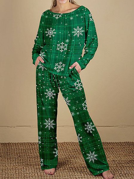 

Grid Geometric Printed Off Shoulder Crew Neck Long Sleeve Suits, Green, Suit Set