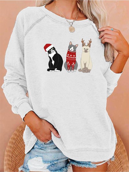 

Christmas Fun Cat Print Crew Neck Sweatshirt, White, Hoodies&Sweatshirts