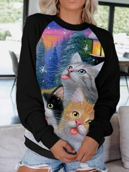 

Cat Christmas Casual Loosen Crew Neck Sweatshirt, Black, Hoodies&Sweatshirts