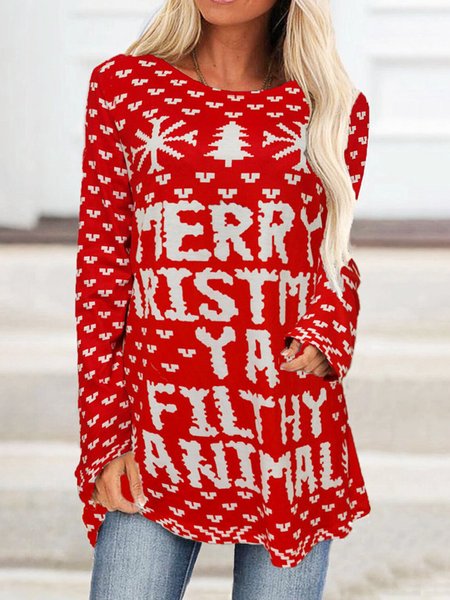 

Loosen Off Shoulder Crew Neck Letter Shirts & Tops, Red, Long sleeve tops