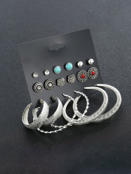 

Ethnic Turquoise Flower Earrings 9PCS, As picture, Earrings
