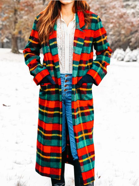 

Colored Plaid Casual Lapel Outerwear, Multicolor, Coats