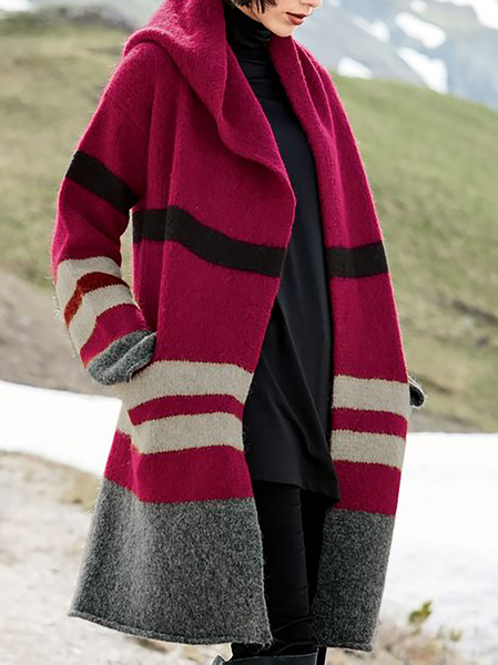 

Plus size Striped Casual Coat Hooded Outerwear, Multicolor, Coats & Jackets