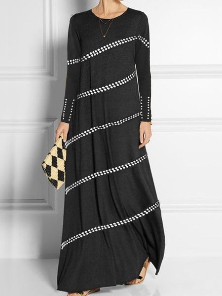 

Fashion Geo Stripe Print Long Sleeve Round Neck Maxi Dress, Black, Maxi Dresses