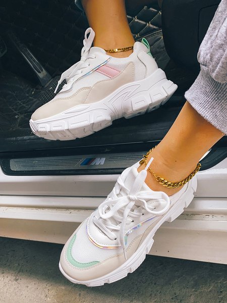 

Casual Mesh Stitching Chunky Trainers, White-green, Sneakers