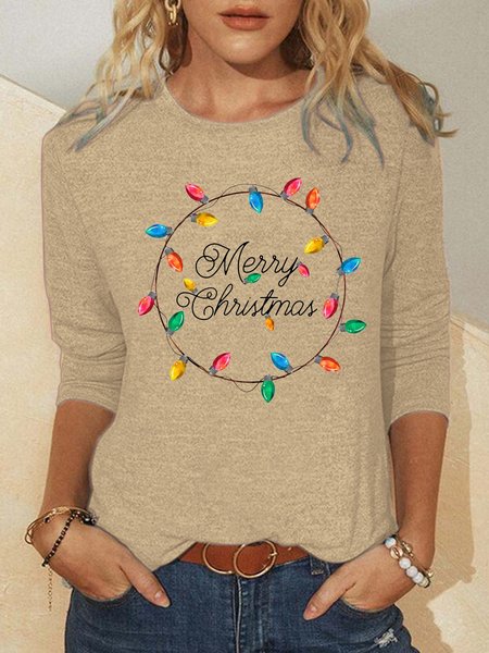 

Christmas lantern print round neck long-sleeved T-shirt, Khaki, Long sleeves
