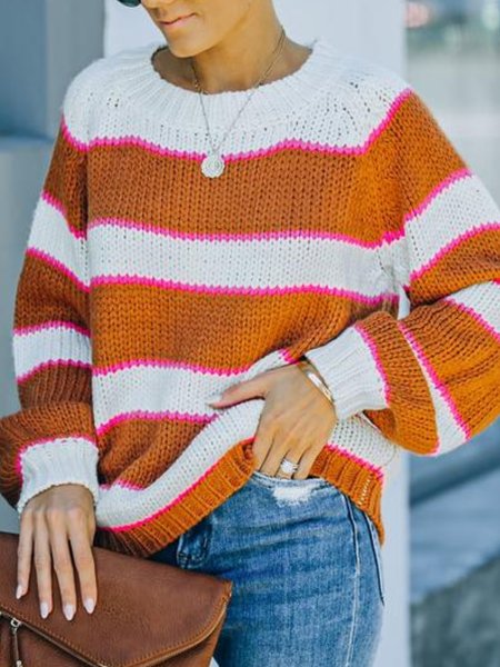 

Casual Long Sleeve Round Neck Plus Size Sweater, Orange, Knitwear & Sweaters