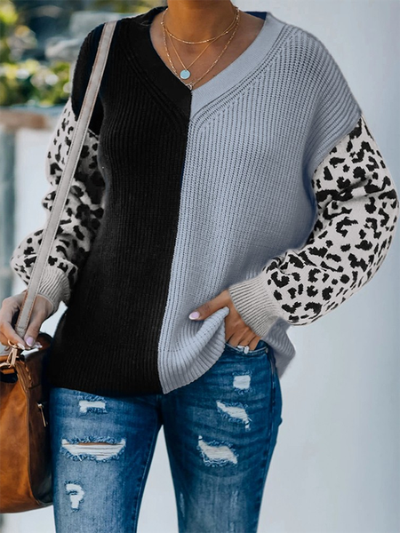 

Leopard Color Block V Neck Casual Sweater, Multicolor, Knitwear & Sweaters