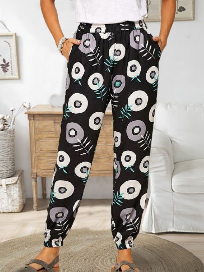 

Floral Printed Casual Loosen Elastic Waist Pants, Black, Pants