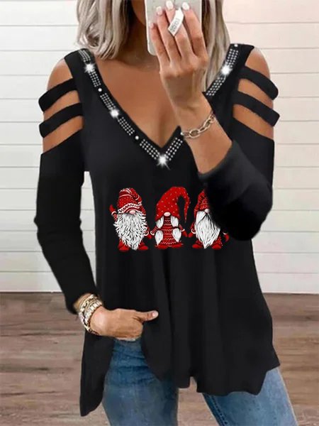

Christmas Printed Long Sleeve V Neck Shirts & Tops, Black, T-Shirts