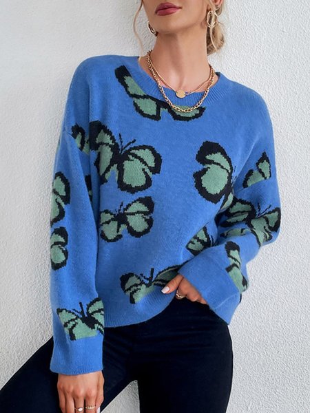 

Casual Elegant Boho Butterfly Crew Neck Sweater, Blue, Sweaters