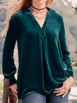 

Velvet Vintage V Neck Long Sleeve Shirts & Tops, Green, Long sleeve tops