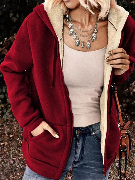 

Women Plush Casual Winter Outerwear Jackets Coats with Hooded, Red, Jackets& Coats