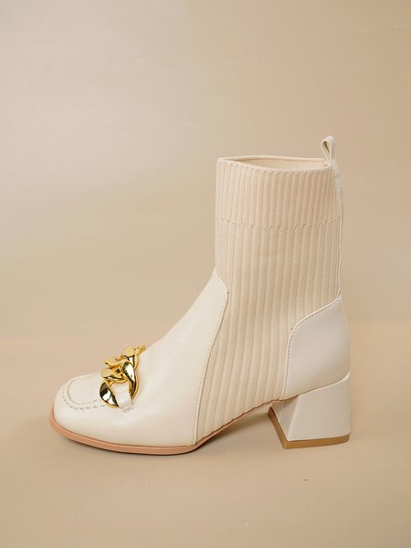 Simple Chain Stitching Short Sock Boots, Off white, Boots