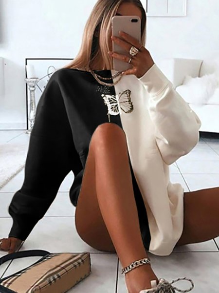 

Butterfly Casual Crew Neck Knitting Dress, Black-white, Dresses