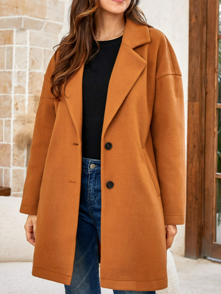 

Long sleeve flat lapel collar medium and long pocket woolen coat plain color no pattern basic style, Orange, Coats