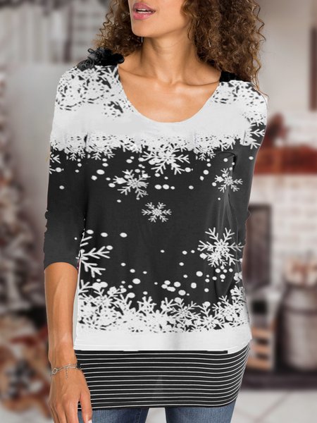 

Christmas snow Cotton Blends Shirts & Tops, Black-white, Long sleeve tops